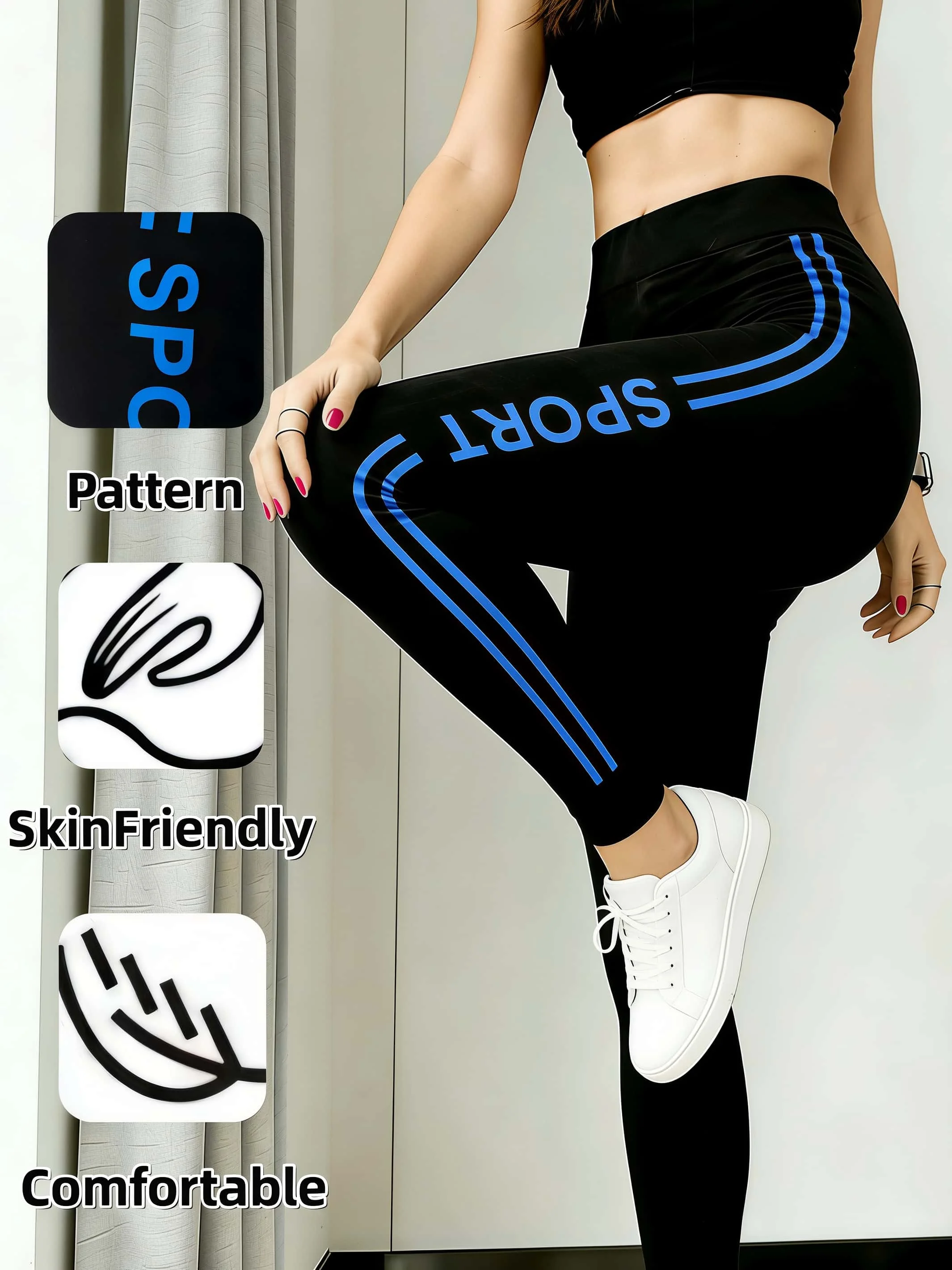 Women's High Waist Blue Letter Print Sports Leggings Soft Stretchy Fitness Pants for Gym Running Daily Shopping