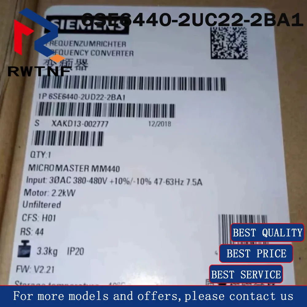 

Brand New Genuine 6SE6440-2UC22-2BA1 SIEMENS 440 filterless inverter 2.2kw single phase sensor,100% original warehouse stock
