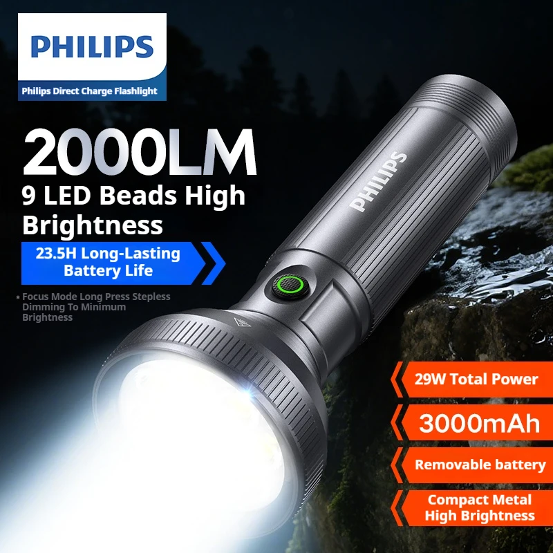 PHILIPS 2025 ใหม่ SFL6252 ไฟฉาย LED กำลังสูงไฟฉายแคมป์ปิ้งพร้อม 9 ลูกปัดโคมไฟแบบพกพาแบบชาร์จไฟได้โคมไฟ