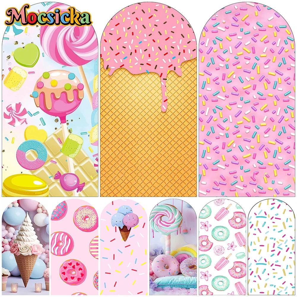 Mocsicka Dessert Arch Covers Backdrop Elastic Double-Faced Happy Birthday Arched Background Lollipop Donut Ice Cream Party Decor