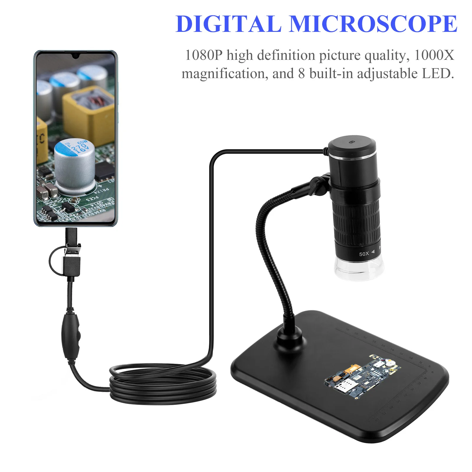 3 في 1 USB مجهر رقمي محمول 1080P 1000X كاميرا مكبرة إلكترونية قابلة للتعديل LED للهاتف المحمول المجهر