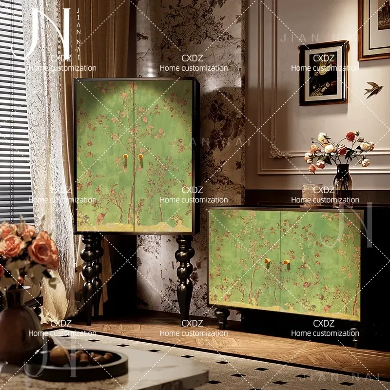 French antique green flower diagram tall cabinet living room bedroom storage locker entrance decorative solid wood chest