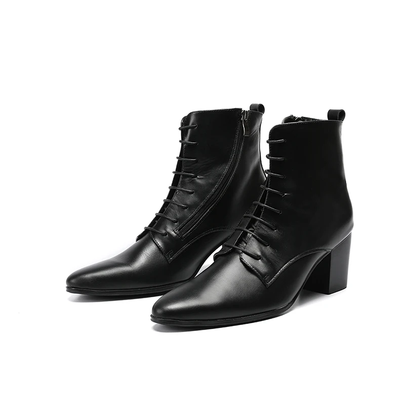 Black soft cowhide cowboy boots, men's high heels, 8cm ankle boots, thick heels, men's shoes, lace up men's boots