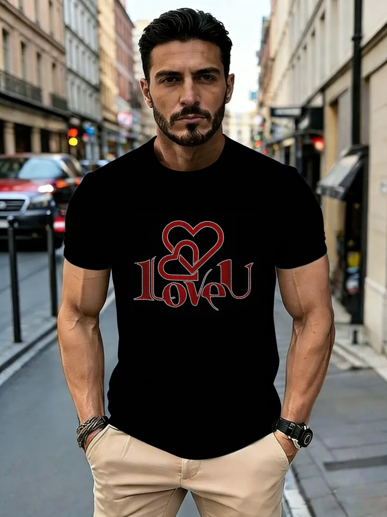 T-shirt respirant pour homme avec imprimé cœur - Tee-shirt léger à col rond pour l'été, coupe confortable, chemise décontractée adaptée à la rue