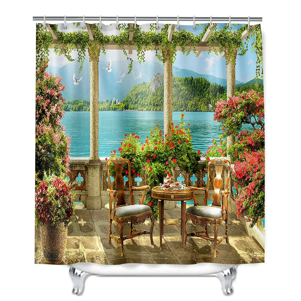 Modern Courtyard Beach Seaside View City Polyester Waterproof Washable Bathroom Accessories Shower Curtains with12 PCS Hook