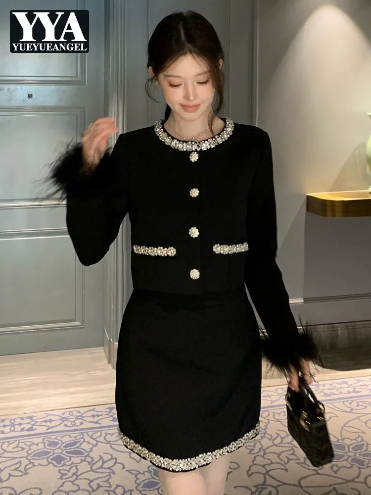Party Elegant Women Slim Fit Feather Long Sleeves Diamond Short Jacket High Waist A Line Skirt Fashion Office Lady Two Piece Set