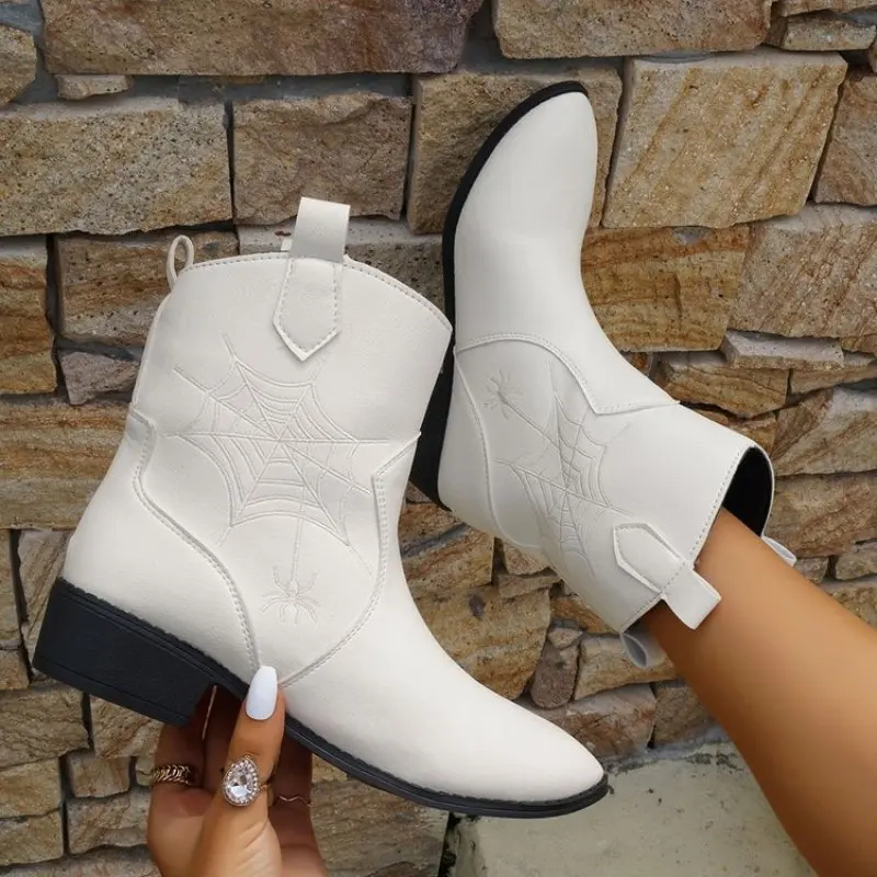 Brand New Embroider 2024 Autumn Winter Western Mid Calf Boots Women Chunky Heels Vintage Cowgirl Cowboy Boots Retro Shoes Woman