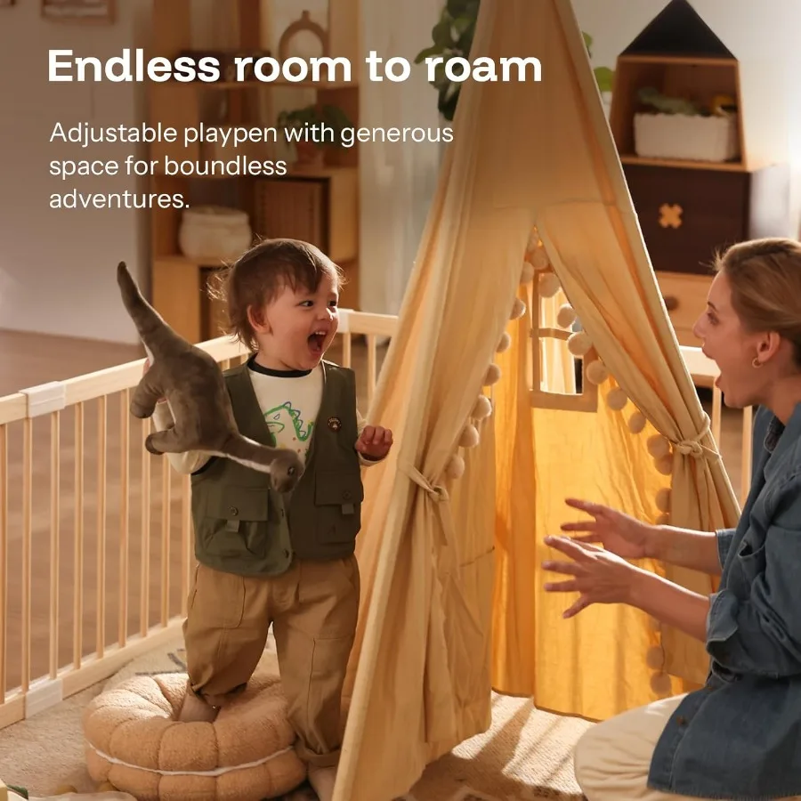 Kojec dla dziecka, drewniany kojec dla niemowląt i małych dzieci, duży plac zabaw, ogrodzenie dla dziecka, strefa zabaw, 181,5 x 202,5 x 61,5 cm