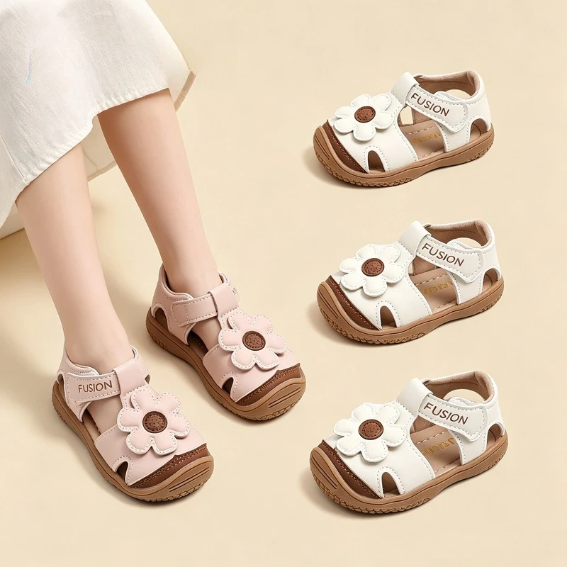 Summer Kids Flower Soft-Soled Walking Sandals Children Baby Walking Shoes Girls Closed-Toe Non-Slip Beach Sandals Outdoor Casual
