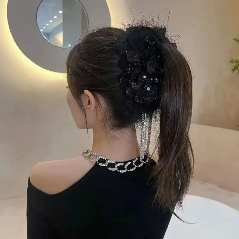 VANIKA New Black Feather Big Bow Hair Claw Women Elegant Rhinestone Tassels Ponytail Clip Crab claws Headwear Hair Accessories