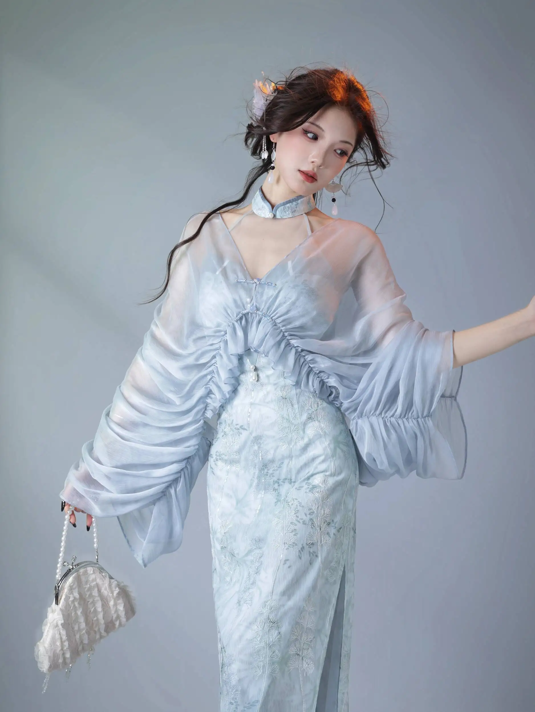 New Chinese Style Batwing Sleeve Powder Green Blue Chiffon Versatile Sunscreen Sun Protection Jacket Cheongsam view 5