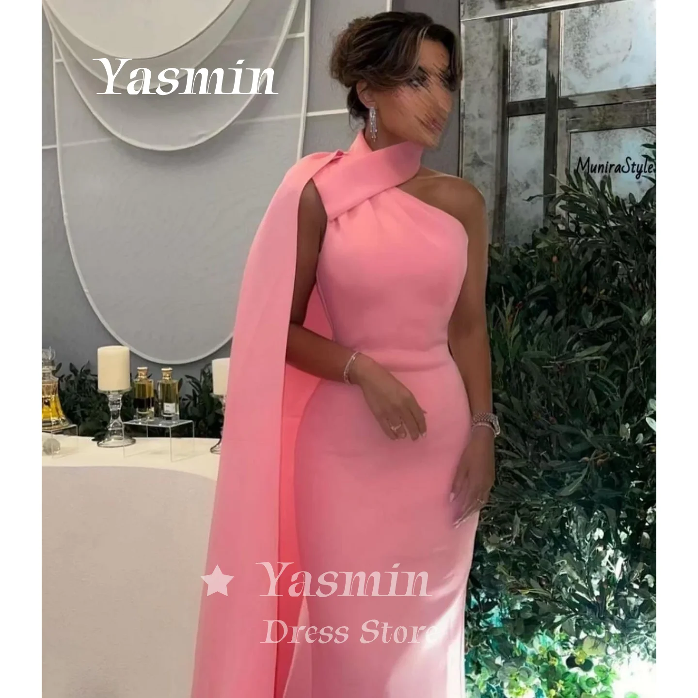 

Customized Pink Evening Dresses vestidos de novia Halter Prom Dresses One Shoulder Pleated Floor Length Stylish New Customized