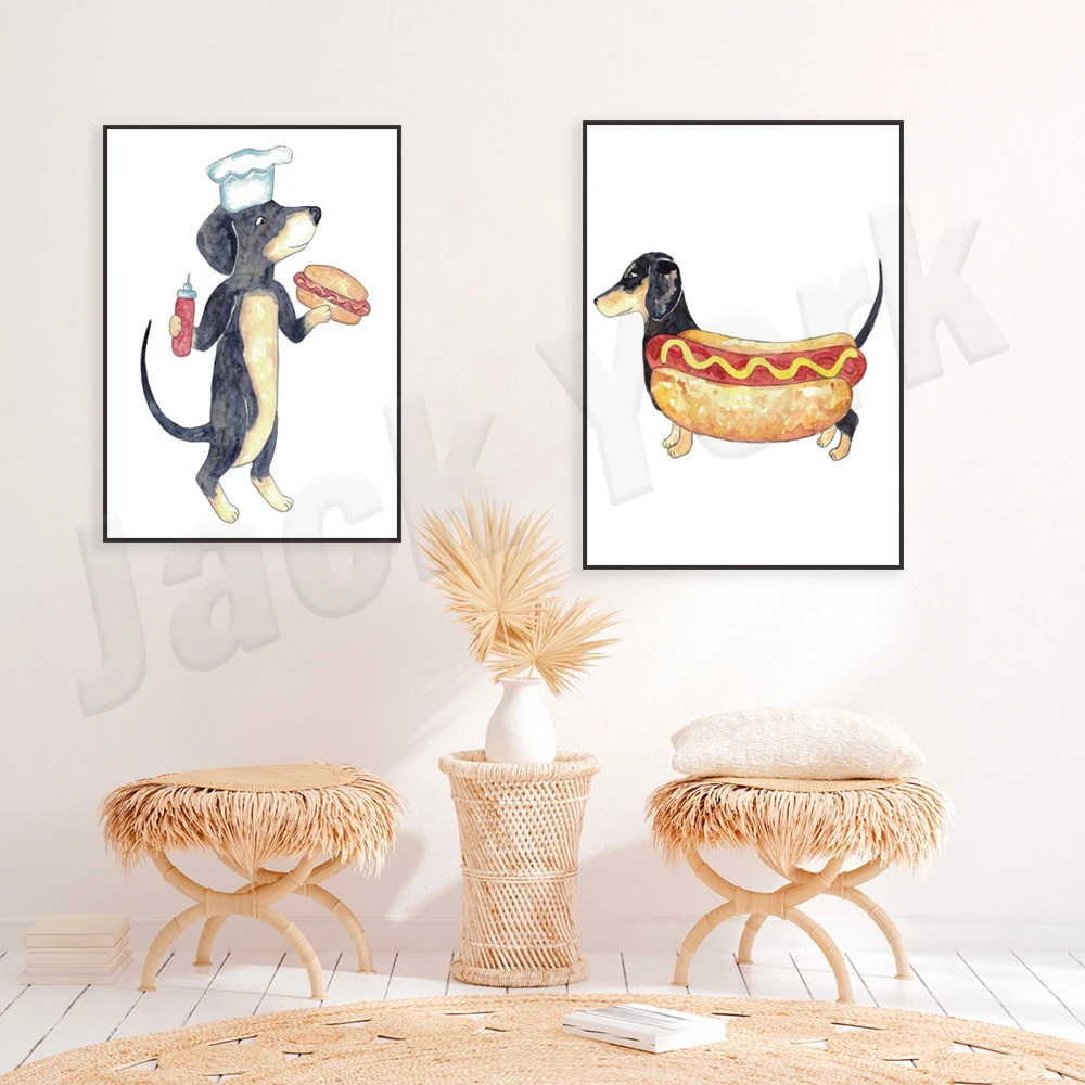 Dog dachshund hot dog poster, watercolor art print pet dachshund hot dog painting portrait, funny nursery baby room decor