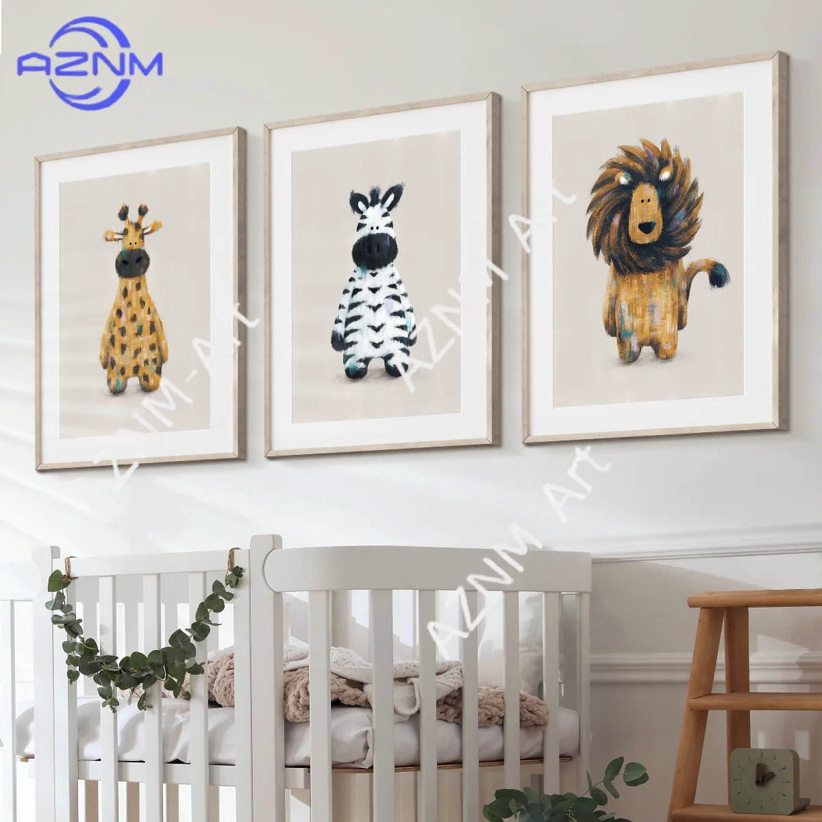Set de 3 Figuras de Safari Friends en Tonos Neutros - Rory, Zara |   Guardería Safari Scandi |   León, Cebra, Jirafa |   Arte de Pared para Cuarto de Bebé