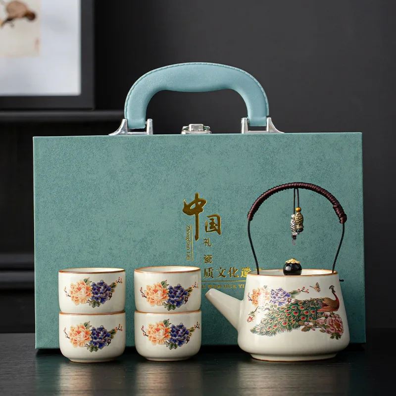 Ru Kiln Celadon Loop Handle Teapot Set Gongfu Tea Ceremony Chinese Style Corporate Business Gift Boxed Souvenir