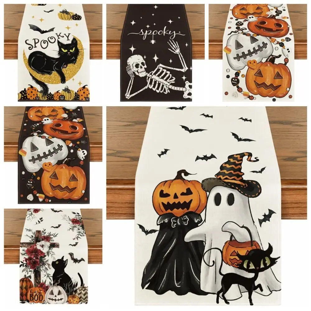 Trendy Pumpkins Black Cat Halloween Table Runner Gost Pattern High Quality Table Decoration Durable Vibrant Home Party Decor