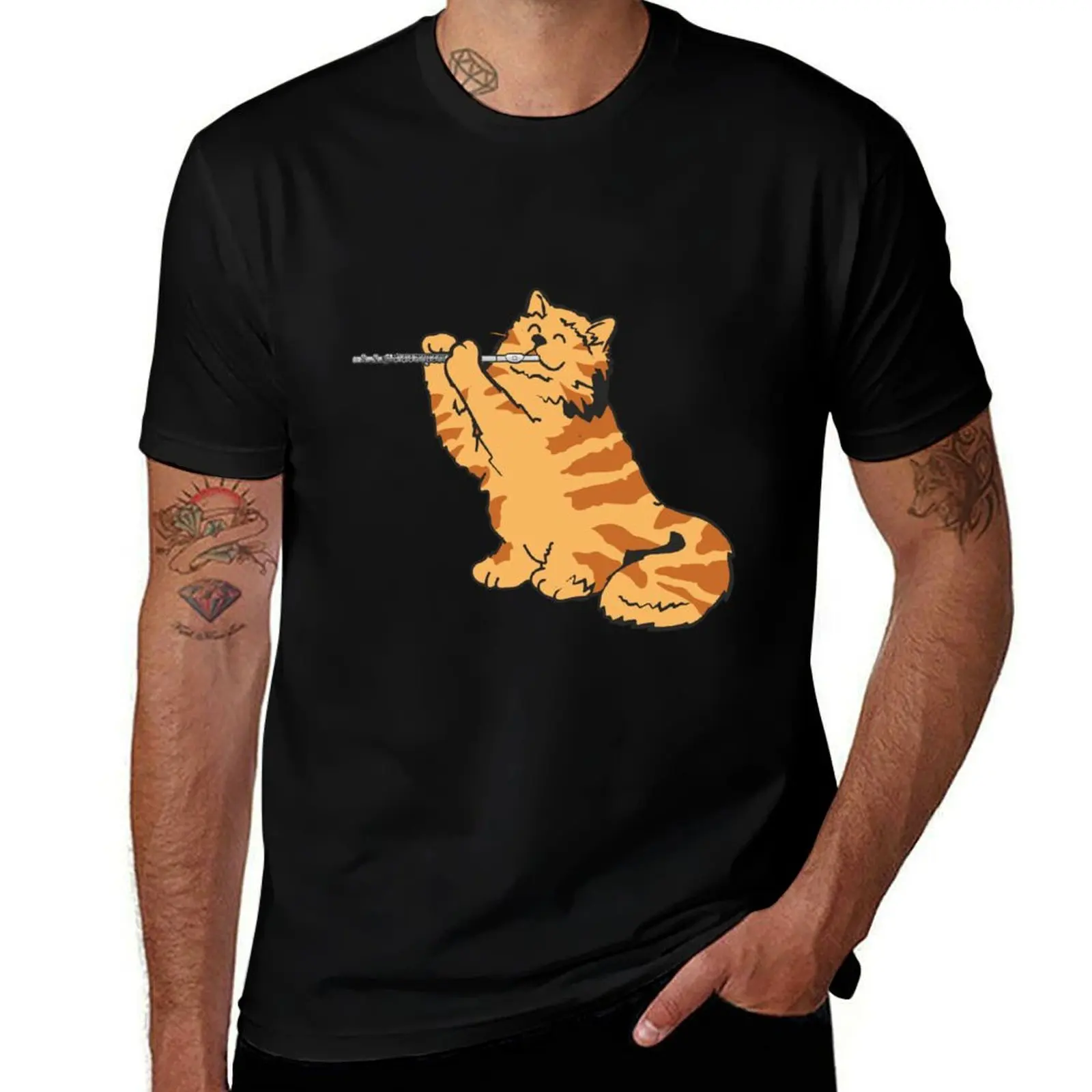 

Flute Cat Transverse Flute Player Flutist Kitten T-Shirt t shirts cotton 100% t shirts for man graphic vintage