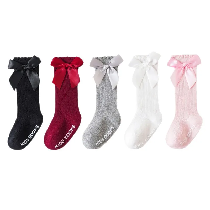 Baby Socks Girl Spring/summer Mesh Large Bow Long Sock Baby Girl Anti-slip Baby Socks Solid Color Medium Long Tube Rubber Socks