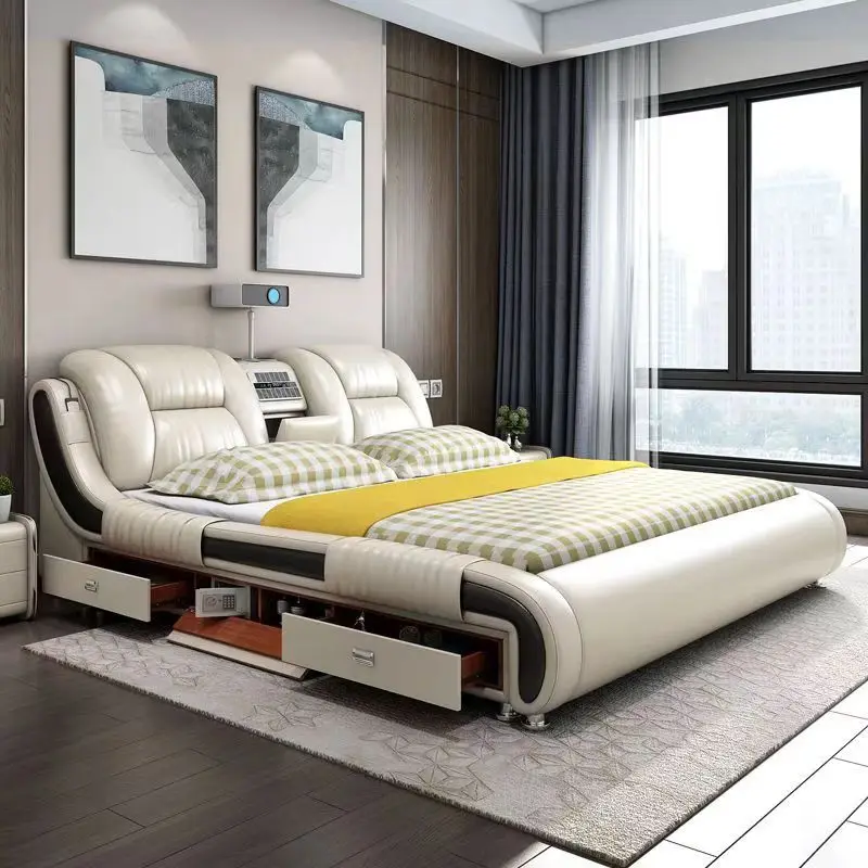 Garden Furniture Leather Bed Modern Simple Storage Small Apartment Double Bed Massage Multi-function Projector Wedding Bed