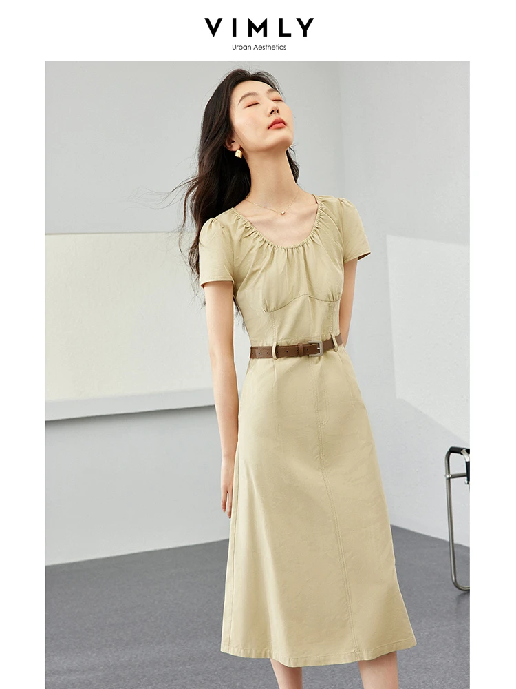 VIMLY Lyocell U-Neck Safari Style Solid Dress Summer Short Sleeve Vintage Casual Back Slit of Dress With Belts and Pockets 16635