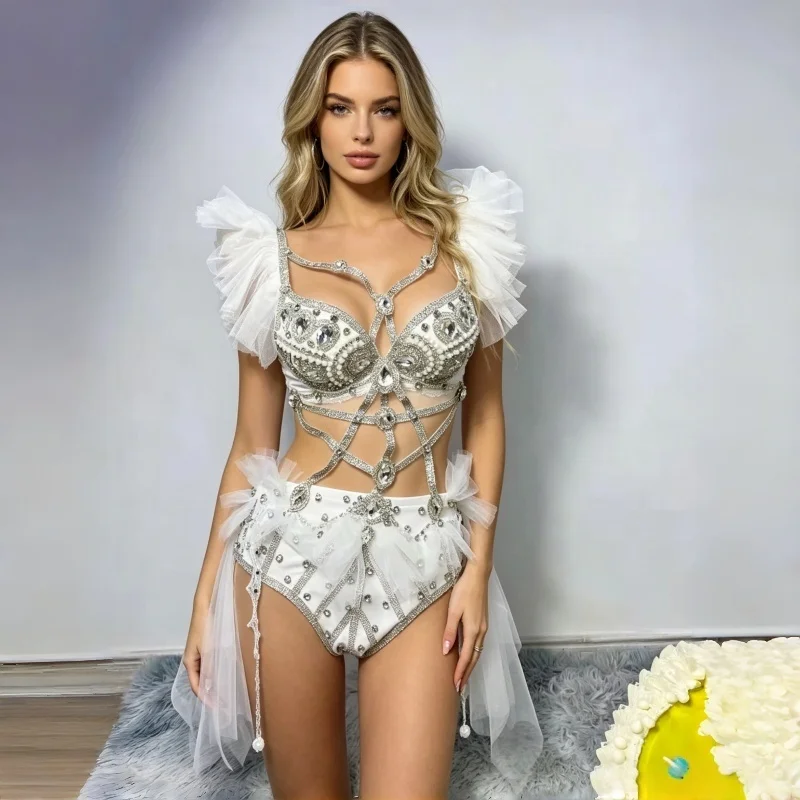 

Nightclub Pole Dance Costume Shiny Rhinestones Black White Mesh Bikini Bodysuit Sexy DJ Stage Wear Bar Party Performance Clothes