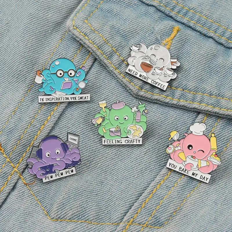 Hard Working Octopus Enamel Pins Custom Animal Painter Desserts Programmer Brooches Lapel Pin Shirt Badge Cartoon Ocean Jewelry