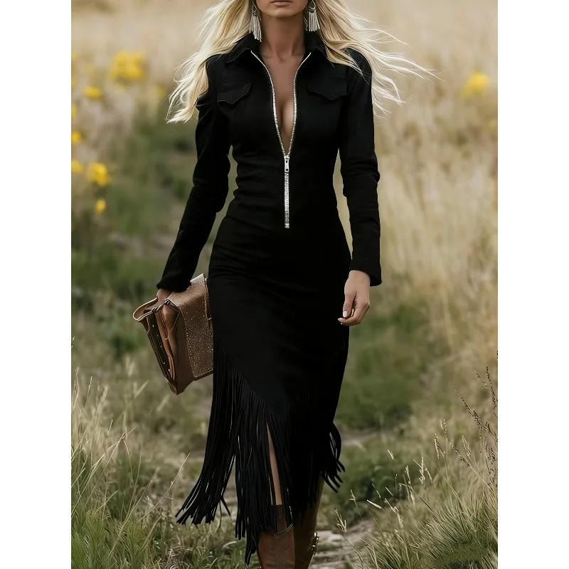 

Dress VintageWestern Cowgirl Bodycon Dress Women Fringe Hem Slim Fit Retro American Cowboy High Waist Elegant Casual Party Dress