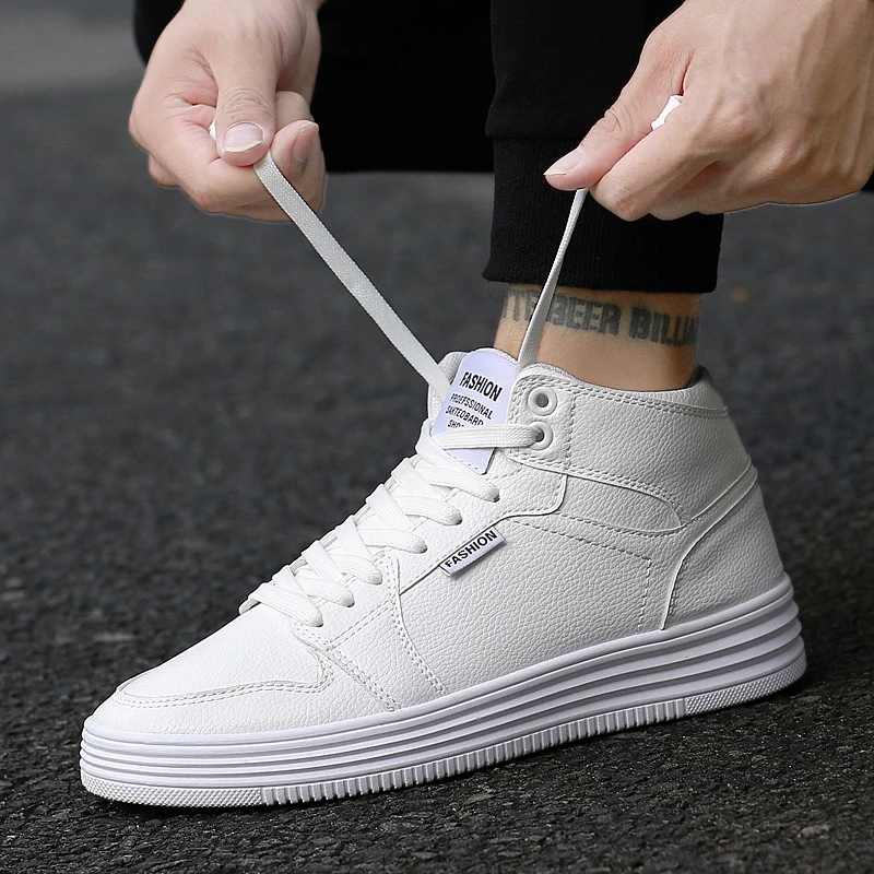 Fashion Platform Men White Sneakers Leather High Top Casual Sneakers Men Comfortable Lightweight Unisex Black Skateboard Shoes