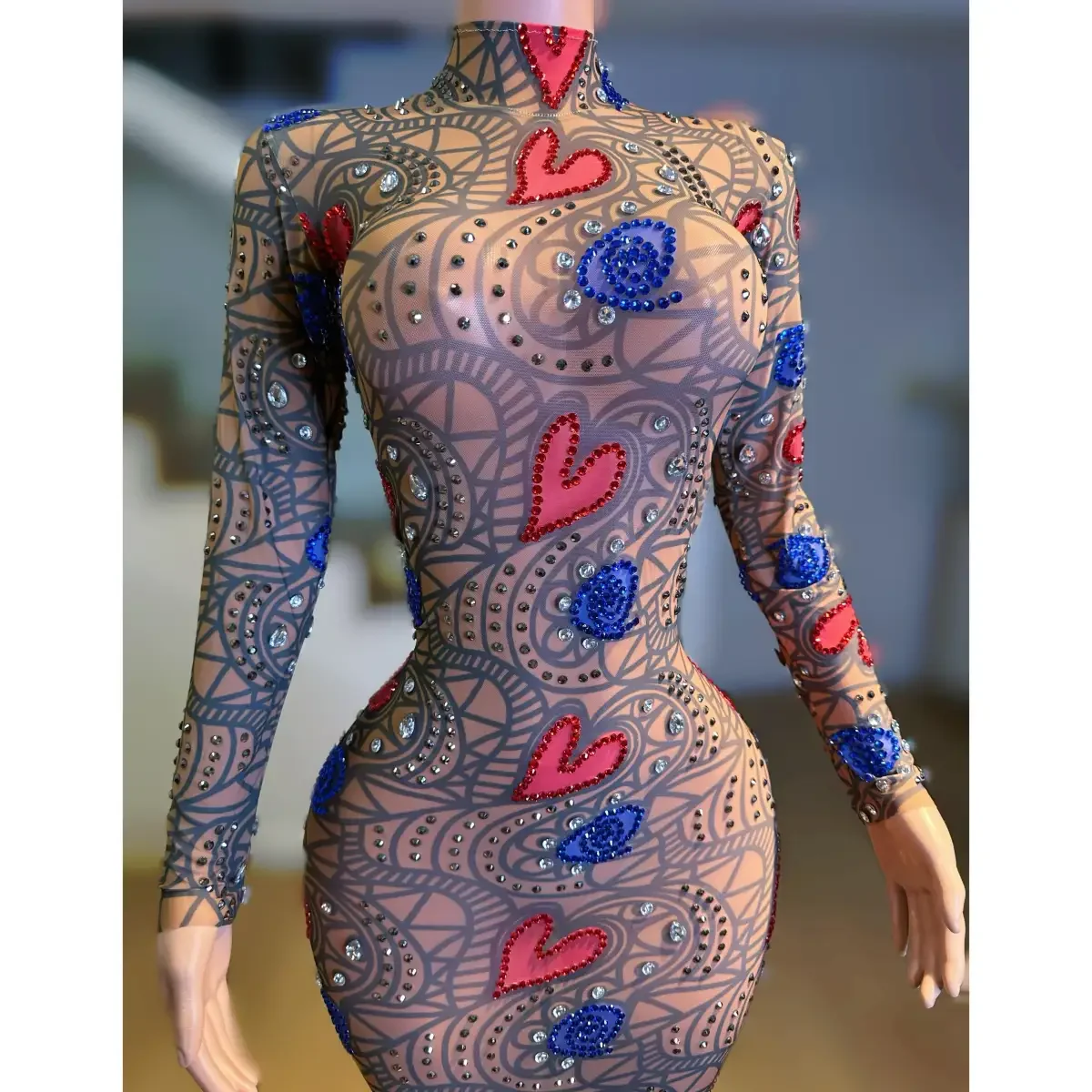 Bar DJ club nocturno mujer cantante actuación disfraz Sexy estampado completo de diamantes falda larga adelgazante equipo de baile fiesta tema espectáculo