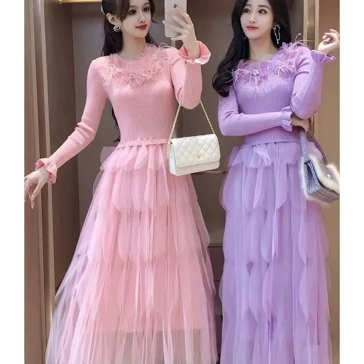 Elegant Embroidery Floral Knitted Maxi Dress Women Autumn Winter High End Brand Fashion Lady Slim Sweet Dress Party Robes C125