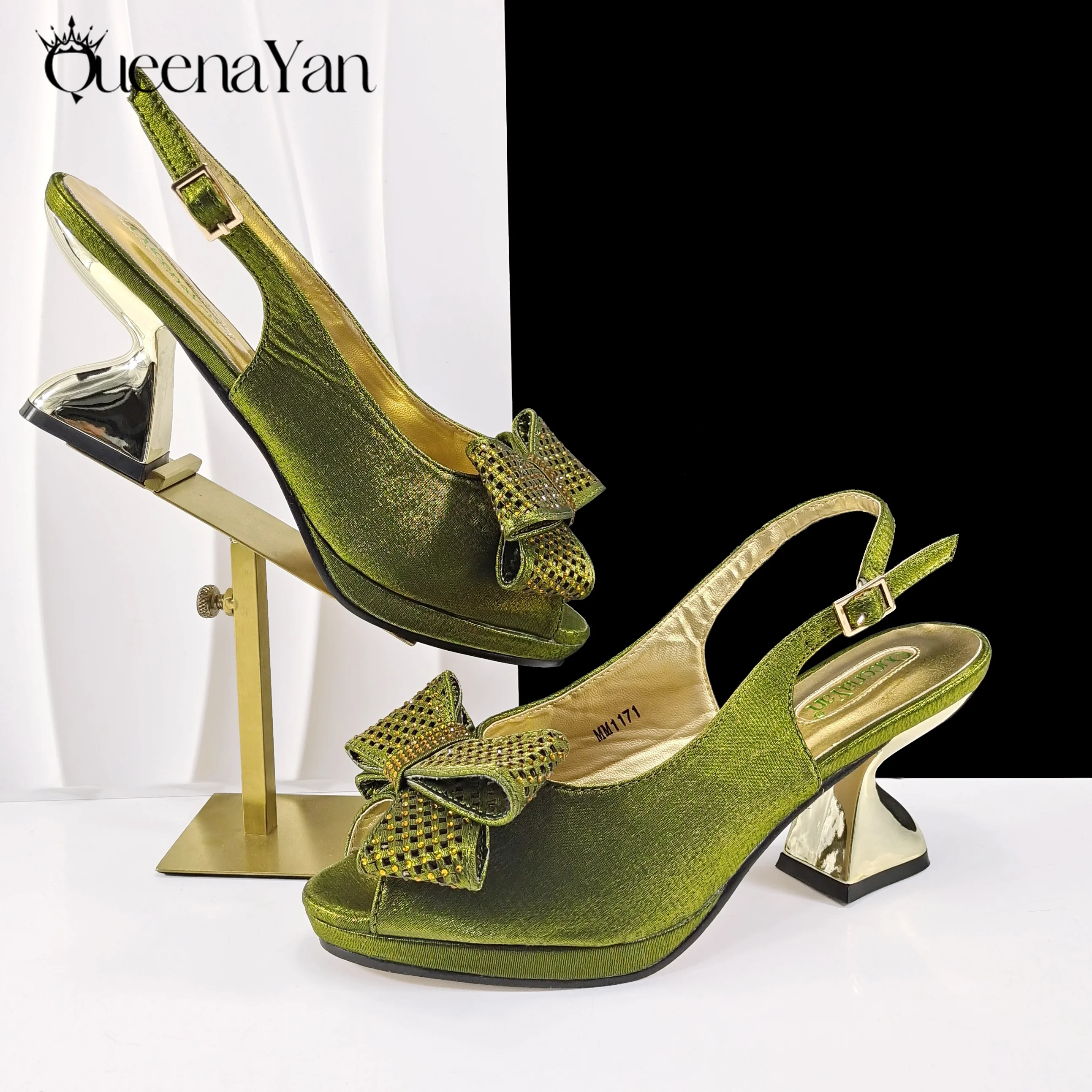 مجموعة أحذية وحقائب أفريقية بتصميم جديد من حجر الراين لعام 2025 باللون الزيتوني المفتوح من الأمام بكعب عالٍ مريح للنساء تخفيضات كبيرة على Instagram