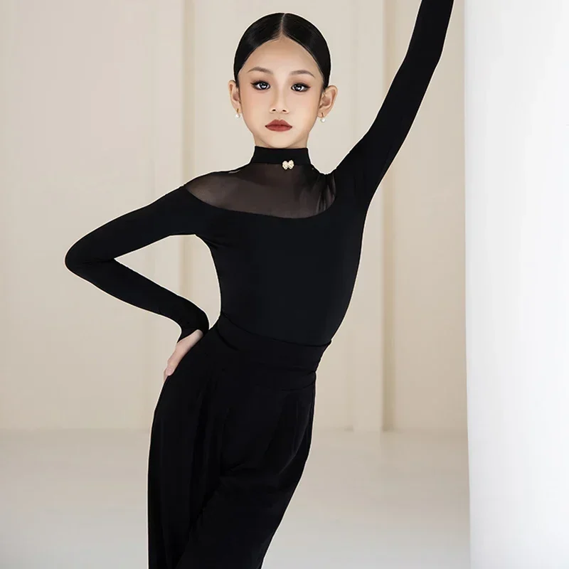 ชุดเต้นรำมาตรฐานแห่งชาติสำหรับเด็กผู้หญิง ชุดฝึกซ้อมเต้นละติน เสื้อสีดำ กางเกงขายาว แขนยาว ชุดฝึกซ้อมเต้นบอลรูม