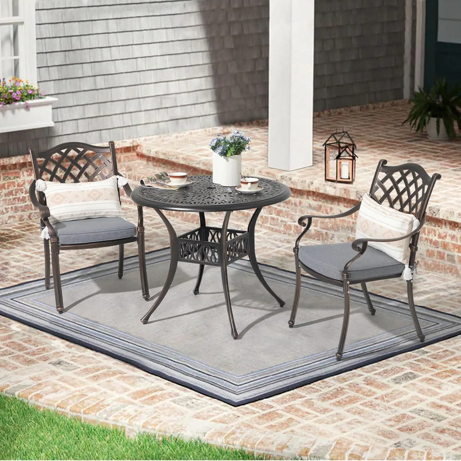 3 Piece Patio Furniture Dining Set Cast Aluminum Outdoor Dining Chairs and Table Set with Umbrella Hole Stackable Chairs