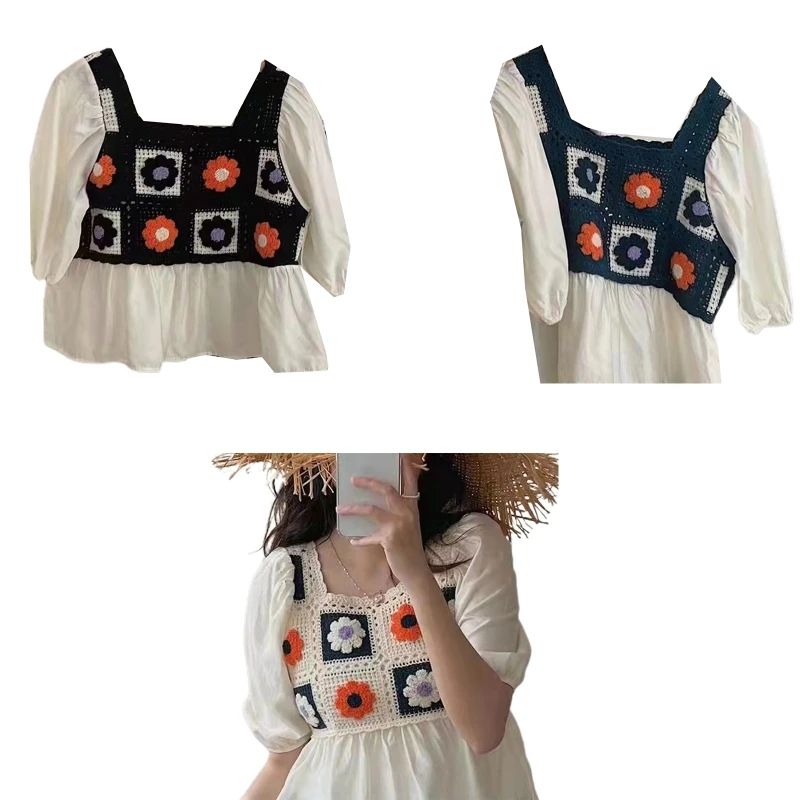 Women Puff Short Sleeve Square Neck Shirt Crochet Floral Splicing Blouse Drop Shipping Wholesale