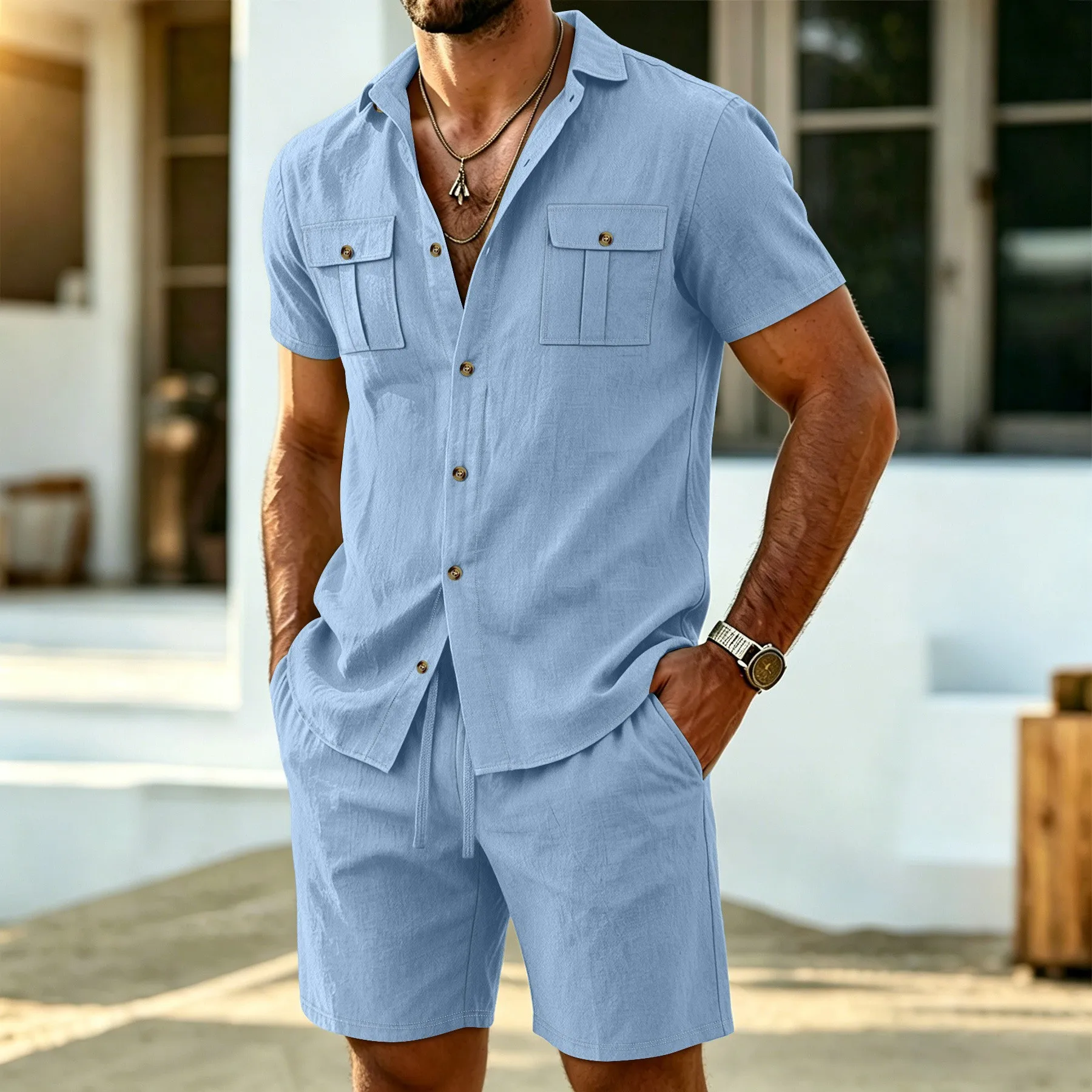 여름 패션 남성 린넨 반팔 셔츠 반바지 세트 야외 작업 - Short Linen Drawstring 리뷰 및 가격