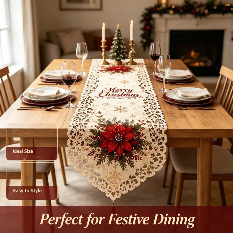 Christmas Hollow Lace Table Runner 1Pcs Laser Cut Edge Table Cover Xmas Dining Table Decor, Holiday Party Home Ornament Gift New