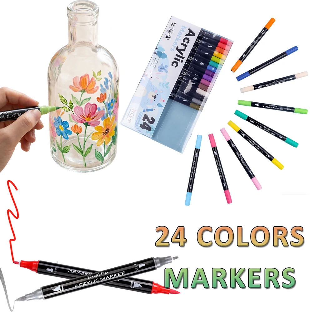 

24pcs Dual Tip Art Acrylic Marker Pens Set for Artists Fine And Brush Tips Coloring DIY Crafts for Stone Egg Glass Fabric Paper