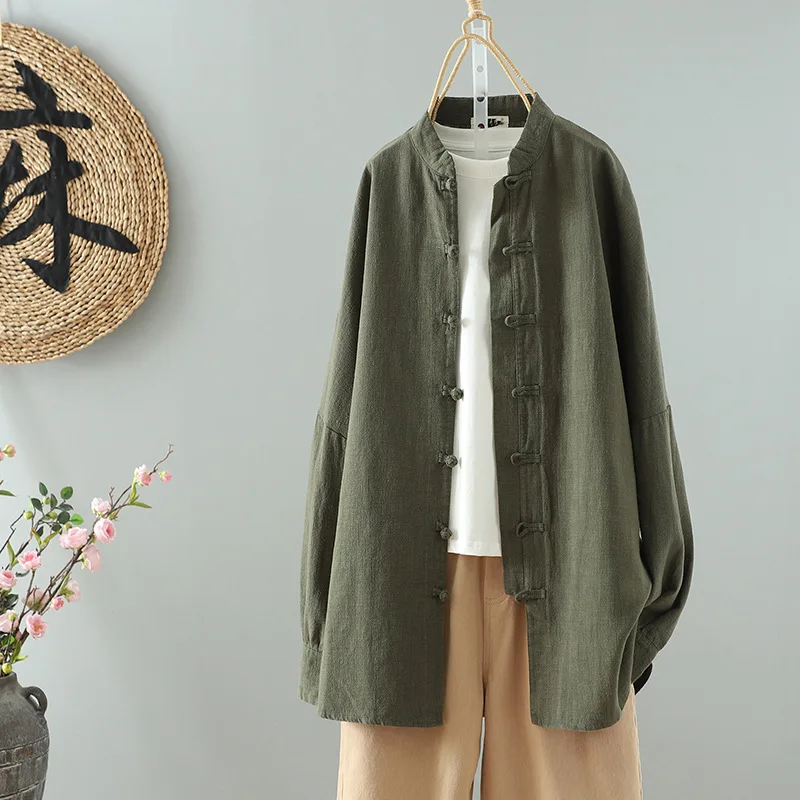 

2026 Spring New Chinese Retro Buckle Chic Cotton and Linen Tea Shirt Women Long Sleeve Shirt