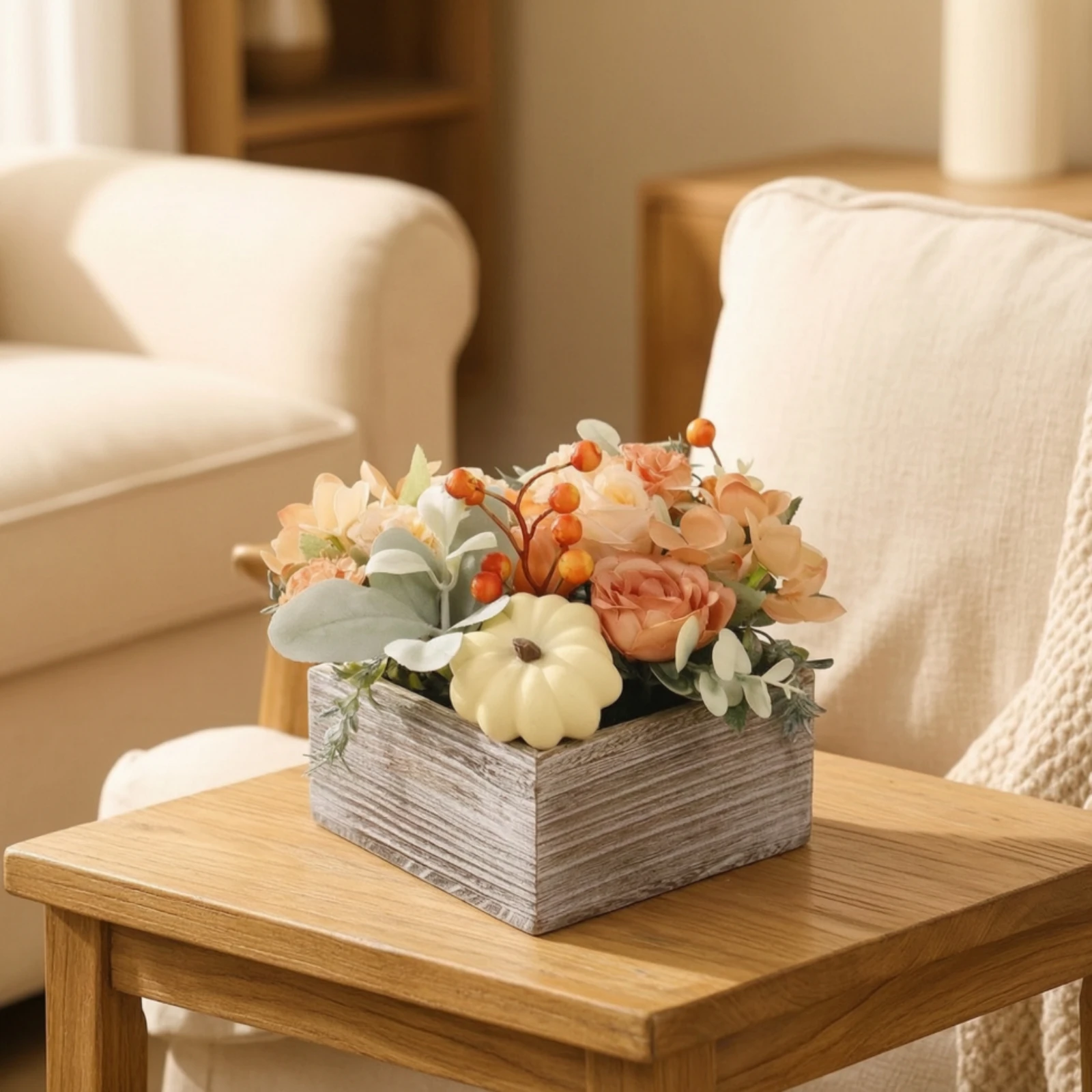 Flower Arrangement with Wooden Pot Faux Flower Arrangement with Wooden Vase Artificial Floral Centerpiece Realistic No Watering