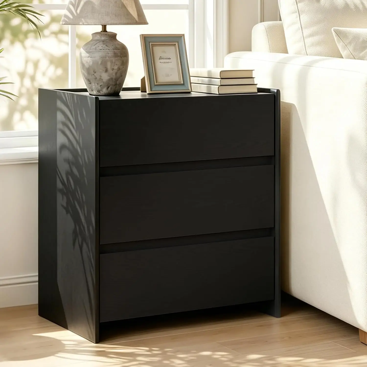 Black Wood Nightstand with 3 Spacious Drawers, Smooth Glide Sturdy Bedside Table for Bedroom Small Spaces, Customized