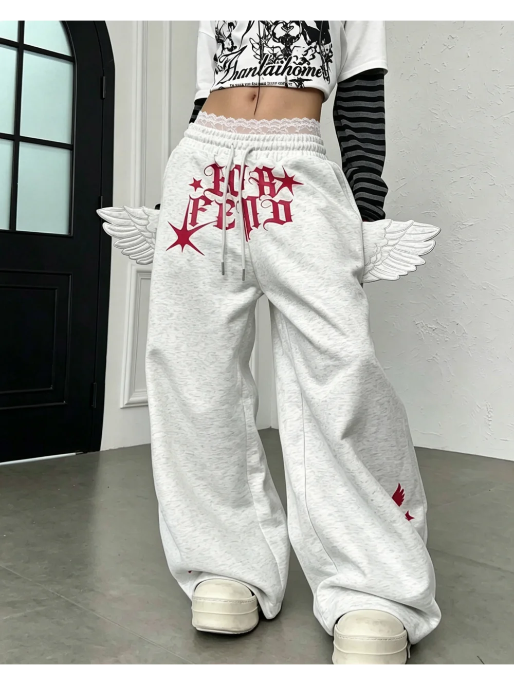 New niche sweet cool retro three-dimensional wing letter star print punk street casual trend versatile pants subculture unisex