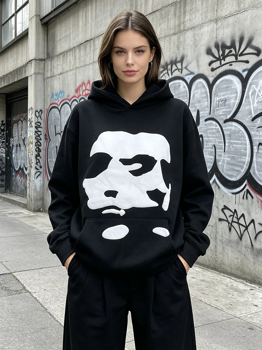 Y2K Women Oversize Hooded Sweatshirt Fashionable Abstract Face Flocking Graphic Back Big Number 3 Print Casual Streetwear Hoodie