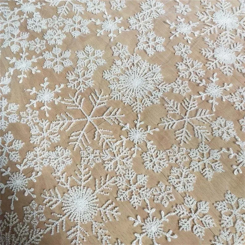 

Bead Snowflake Embroidery Lace Fabric luxury Tulle Fabric for bridal wedding gown dress fabric lace by yard