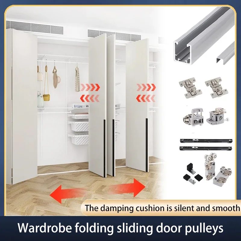 Japanese Style Folding Sliding Door Hardware Kit Overhead Track Exposed Bottom Rail System For Metal Wardrobe Closet LR Sliding