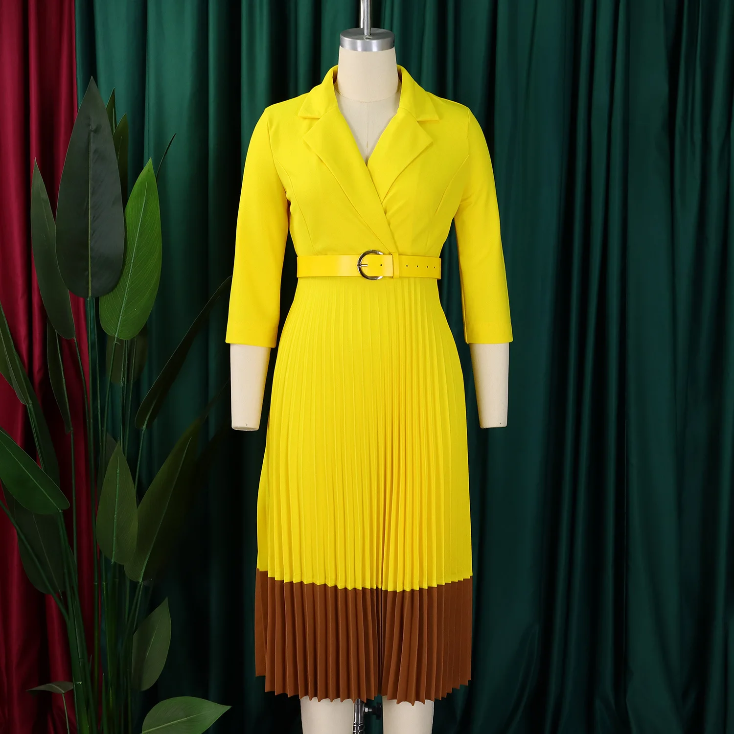 

Elegant Long Sleeve Solid High Waist A Line Pleated Dress with Belt Women Office Lady African Birthday Evening Vestidos