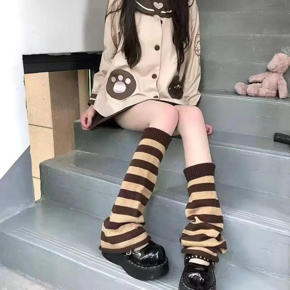 1 Pair Japanese Style Flared Shape Long Student Leg Covers Elastic Cuffs Striped Loose Knitted Leg Warmers Fashion Accessories