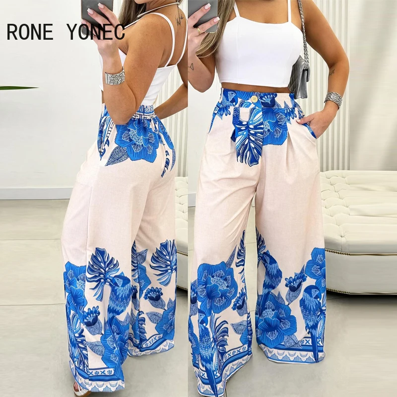 Women Chic Spaghetti Straps Solid Crop Top & Allover Print Bottoms Pants Vacation Sexy Pants Sets