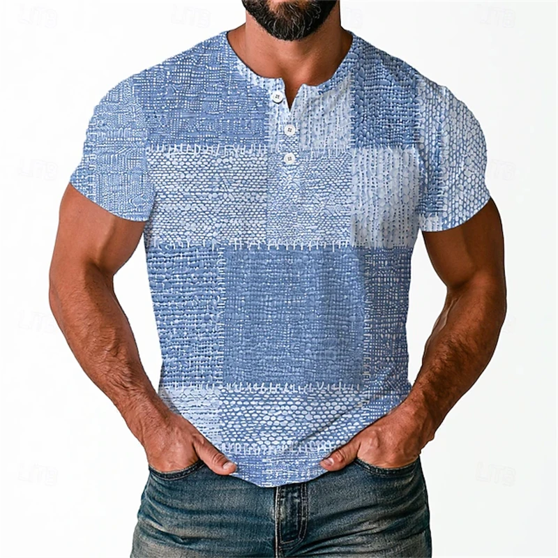Summer 3D-Printed Men's T-Shirt Waffle-Weave Patchwork T-Shirt Cool And Breathable Short-Sleeve Retro Casual Loose-Fit Top