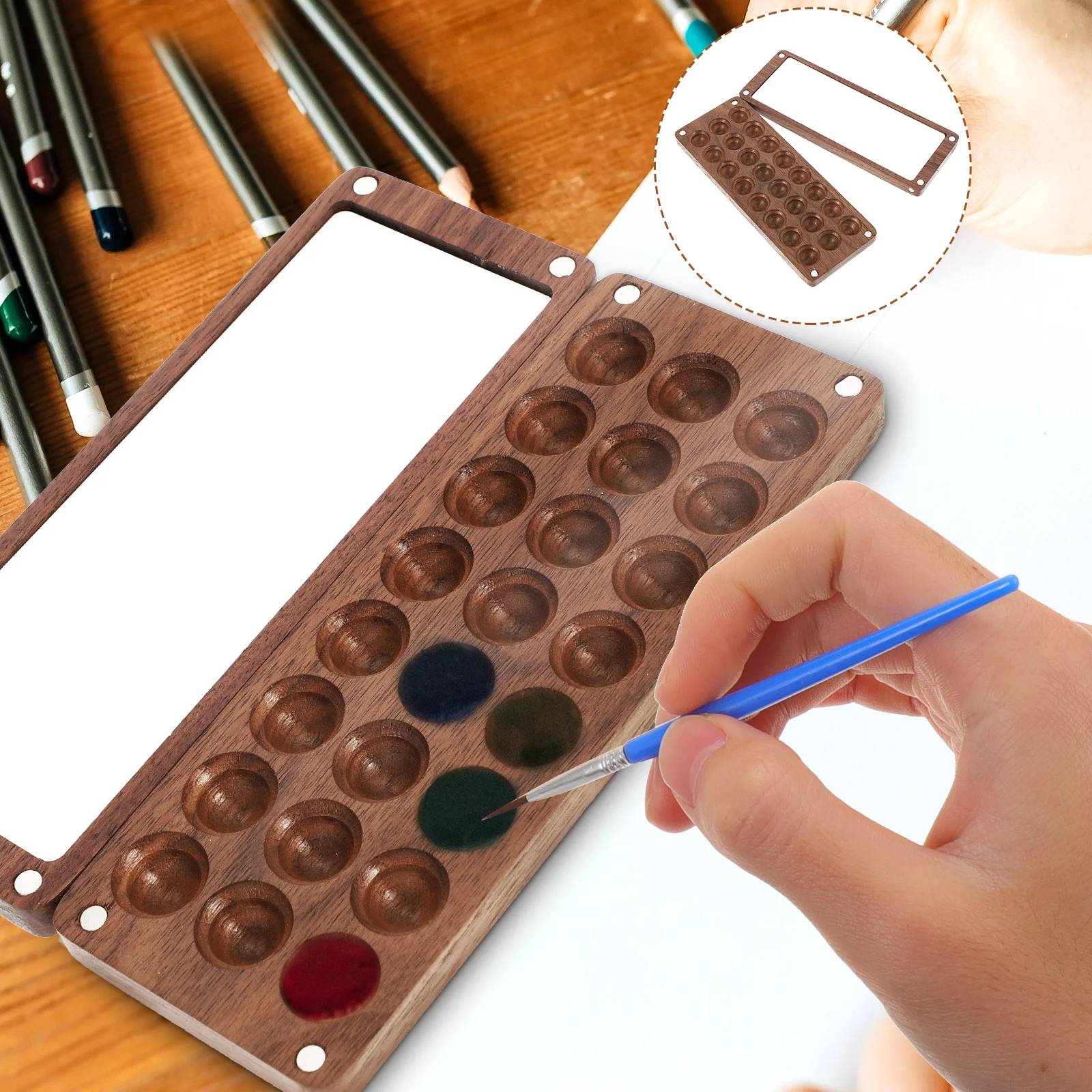 

Wooden Watercolor Palette Durable Pigment Box Lid for Travel Mini Color Mixing Case Art Supplies Paint