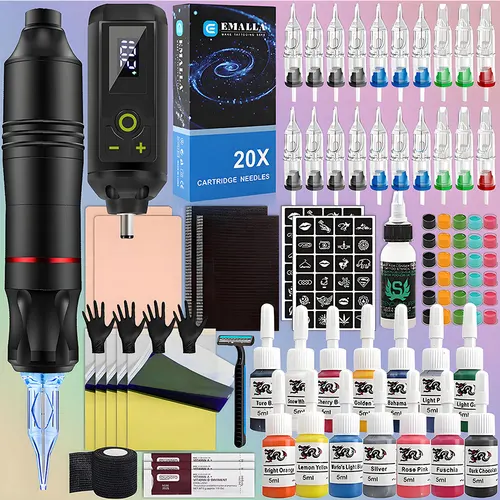 Kit de máquina de tatuaje inalámbrica profesional con fuente de alimentación inalámbrica, cartucho, agujas, tintas, juego de pluma de tatuaje rotativa, Kit para principiantes